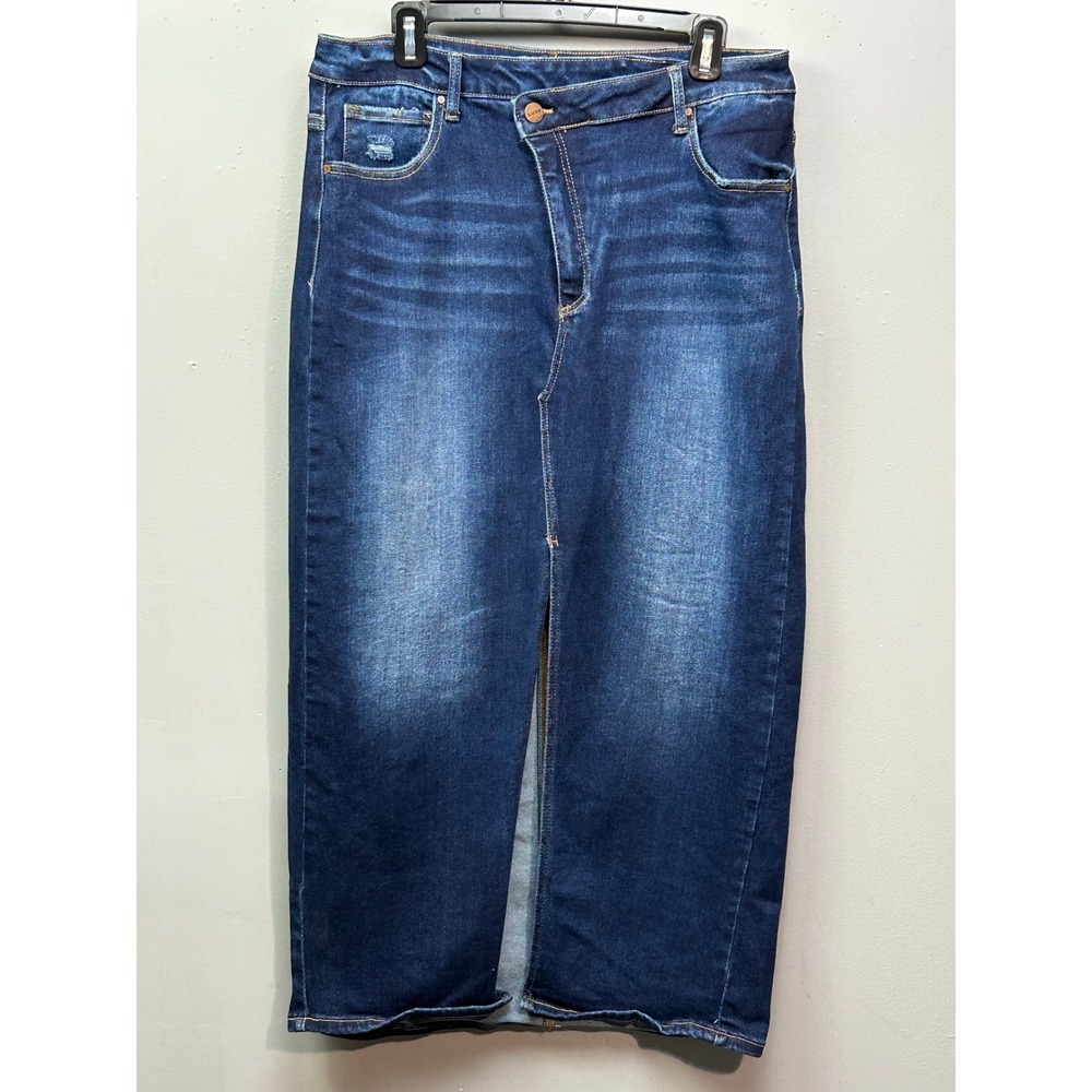 Risen Denim Skirt Women XL Dark Blue Crossover Waist Midi Asymmetrical